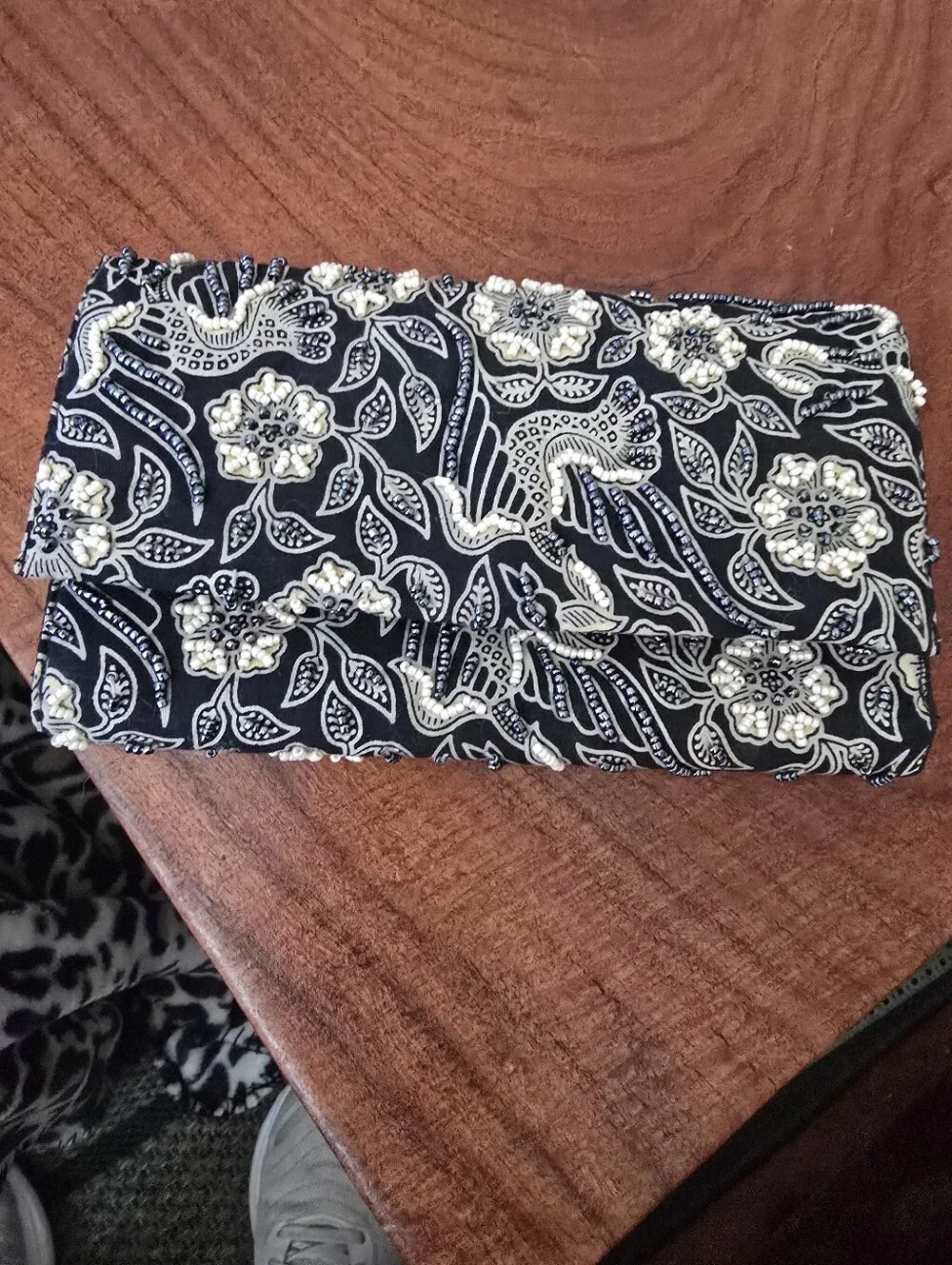 BELLASIMA Black and White Floral Embellished Foldover Clutch Made In Indonesia